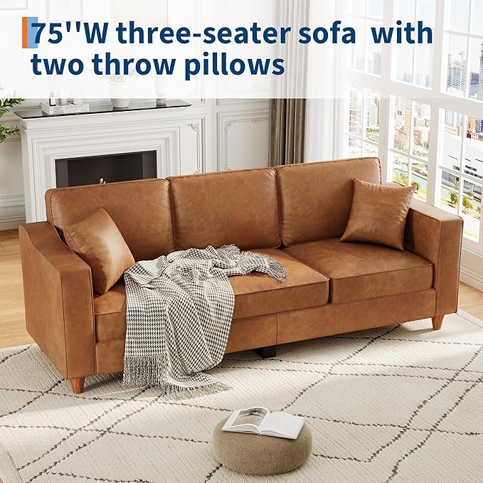 Faux Leather Couch with 2 Throw Pillows, Sofa Couches for Living Room, 3 Seater Sofa with Wide Armrests, Wood Legs, Deep Seats, Back Cushion, Sturdy Support Feet, for Office, Living Room, Brown
