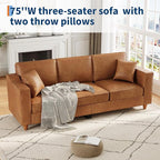 Faux Leather Couch with 2 Throw Pillows, Sofa Couches for Living Room, 3 Seater Sofa with Wide Armrests, Wood Legs, Deep Seats, Back Cushion, Sturdy Support Feet, for Office, Living Room, Brown