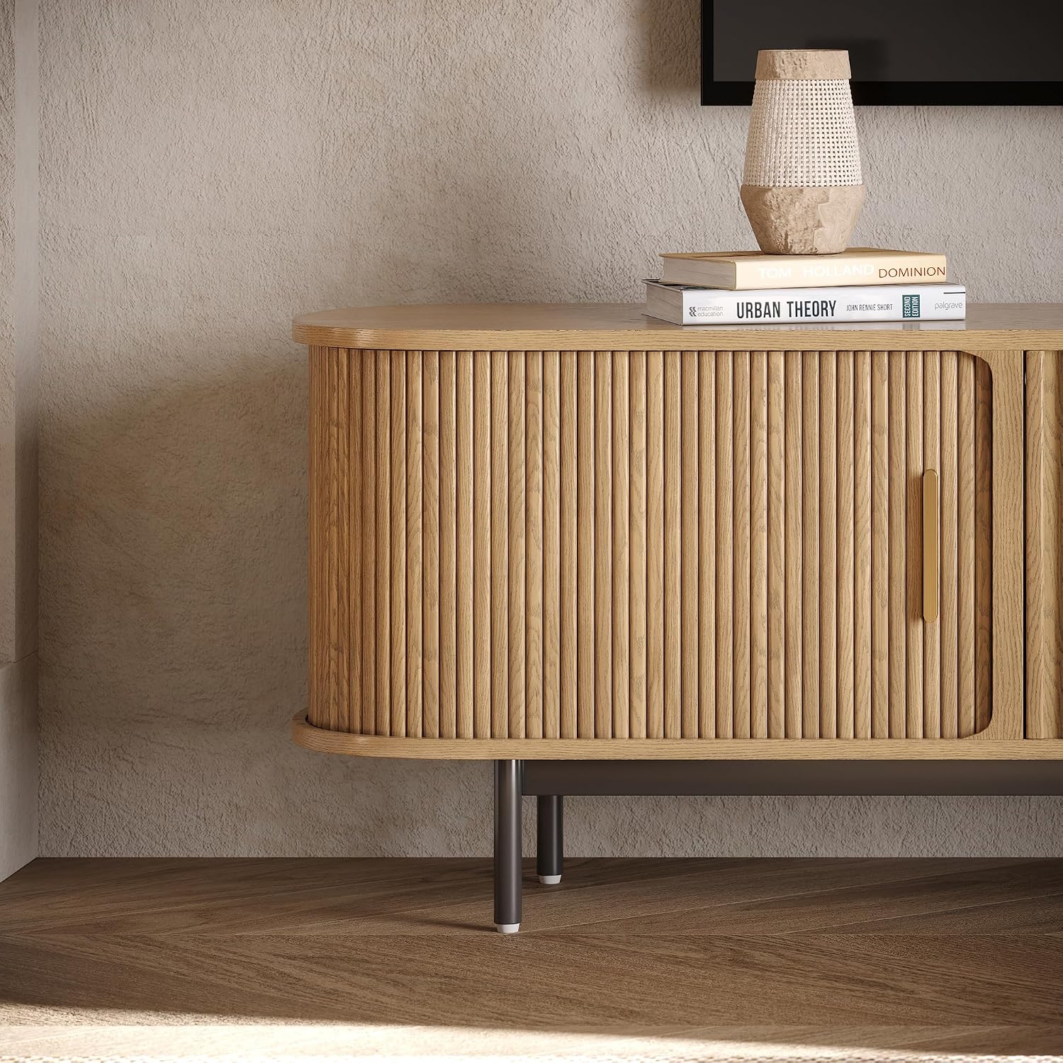 POVISON 94.49" Wood Fully-Assembled Sliding Tambour Door TV Stand, Oak | Mid Century Modern TV Console, Adjustable Shelves, Media Console for 85-98 Inch TV, Soft Close Cabinet Door, Storage Space