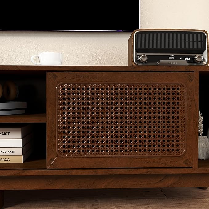 Ball & Cast 68" Mid Century Modern TV Stand for TVs up to 75", Media Console with Rattan Sliding Doors, Open Shelves & Solid Wood Legs, Entertainment Center for Living Room,Bedroom,Walnut