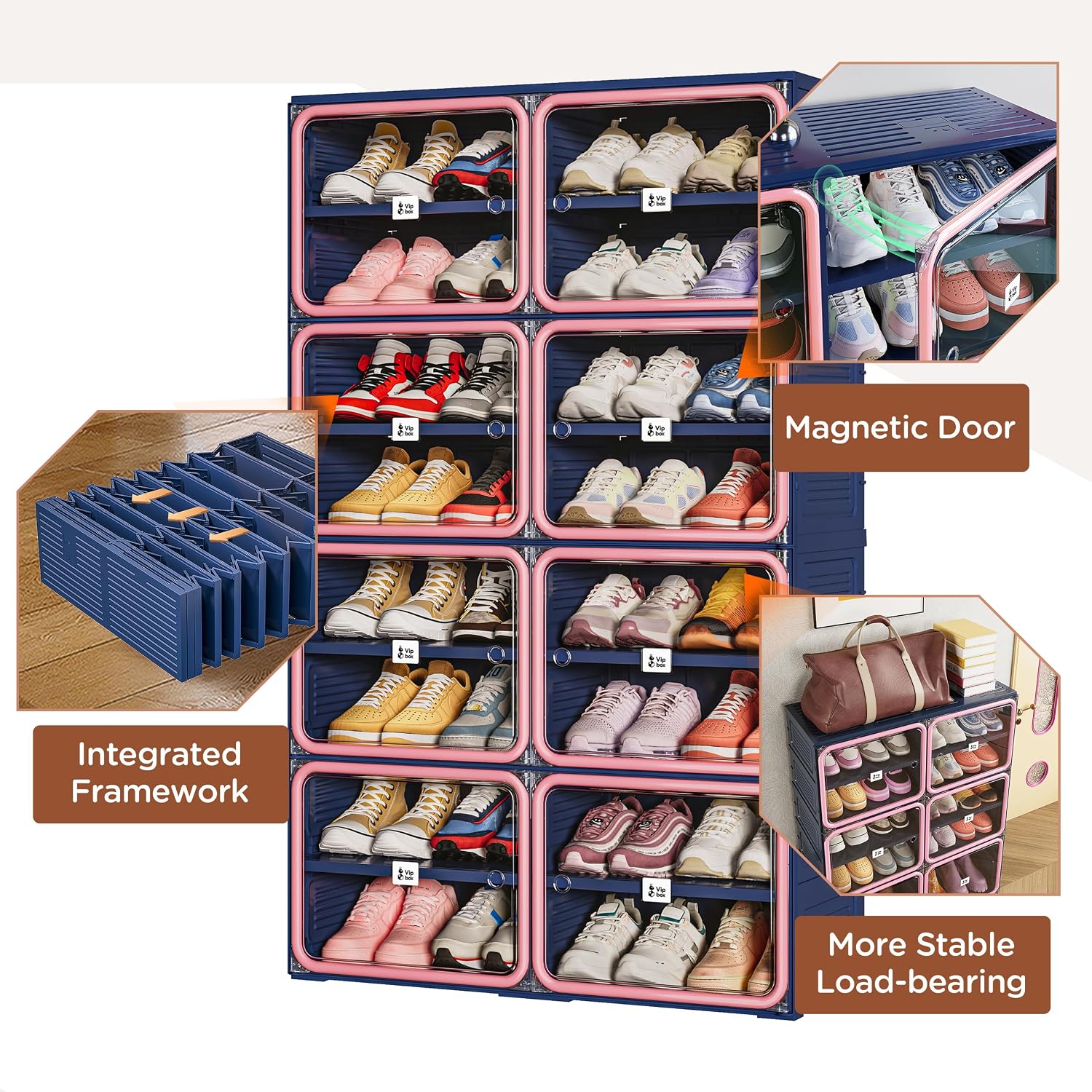 No-Assembly Shoe Organizer, Foldable Shoe Storage Cabinet with Reinforced Framed Doors, 8-Tier Integrated Shoe Box, Modern Blue & Pink Space-Saving Shoe Rack for Closet & Entryway, Size 12