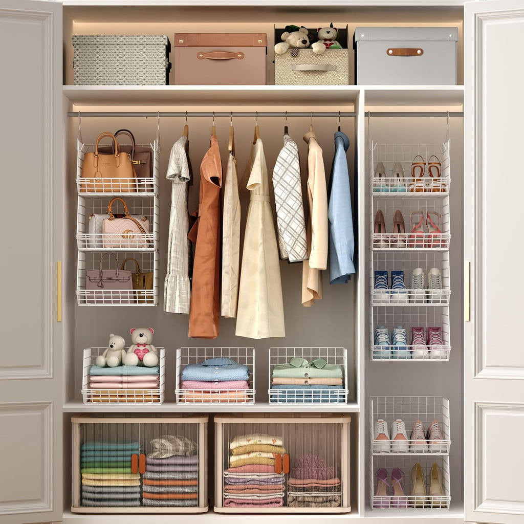 4 Tier Closet Hanging Organizer Foldable Dorm Closet Organizer White | Freestanding Closet Organizers and Storage with 5 S Hooks, wire closet shelving for Wardrobe Laundry Room Patent (11.8" D)