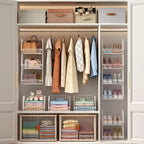 4 Tier Closet Hanging Organizer Foldable Dorm Closet Organizer White | Freestanding Closet Organizers and Storage with 5 S Hooks, wire closet shelving for Wardrobe Laundry Room Patent (11.8" D)