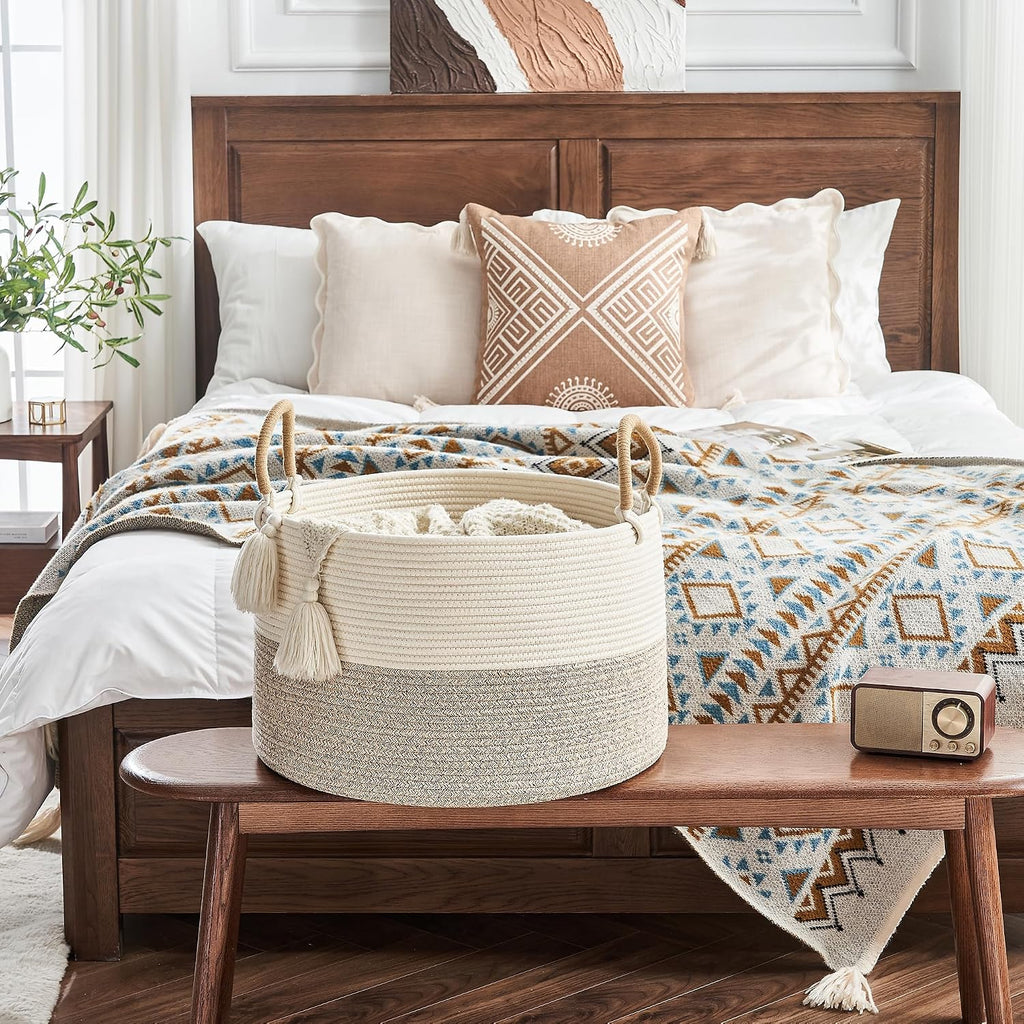 KAKAMAY Large Blanket Basket with Handles, Storage Basket for Living Room | Extra Large Capacity | Natural Cotton Rope | Blanket Storage | Woven Storage Basket | Stuffed Animal Storage | Laundry Basket