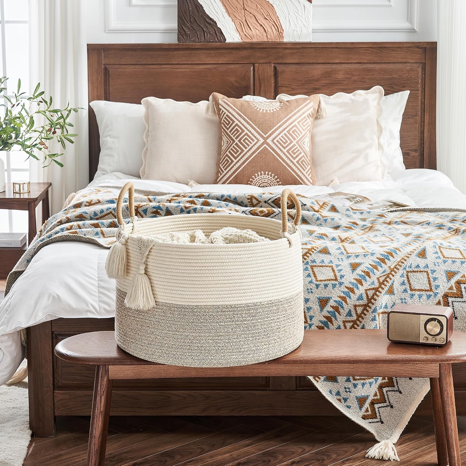 KAKAMAY Large Blanket Basket with Handles, Storage Basket for Living Room | Extra Large Capacity | Natural Cotton Rope | Blanket Storage | Woven Storage Basket | Stuffed Animal Storage | Laundry Basket