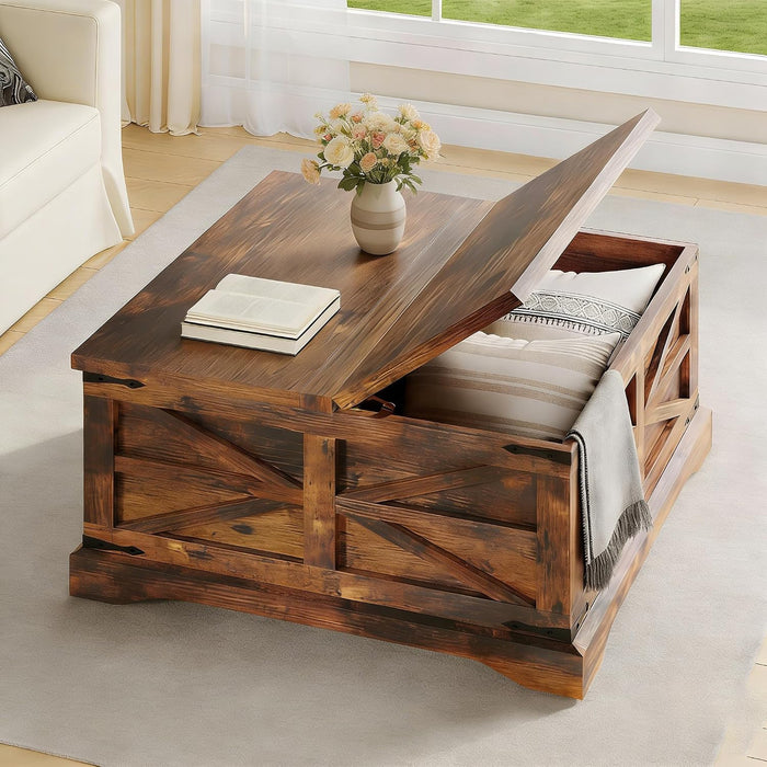 Farmhouse Coffee Table with Large Storage Space, Square Coffee Tables with Storage Organizer, Center Table with Hinged Lifting Tabletop, for Living Room, Bedroom, Home Office, Rustic Brown