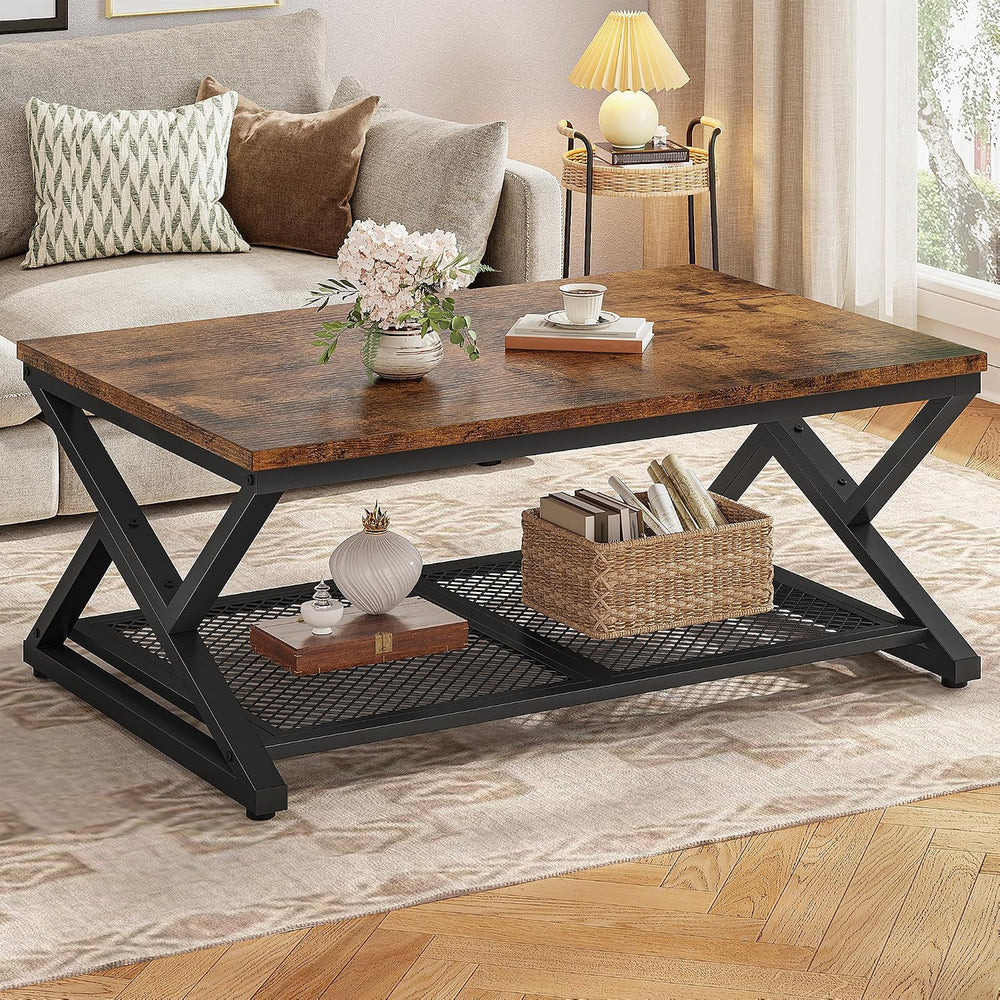 EnHomee Coffee Table with Storage & Shelf for Living Room, Rustic Brown