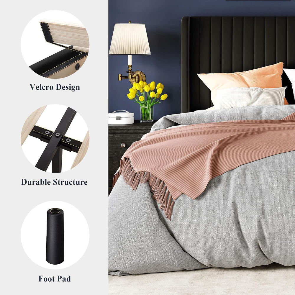 Allewie Queen Size Velvet Bed Frame/Vertical Channel Tufted Wingback Headboar...