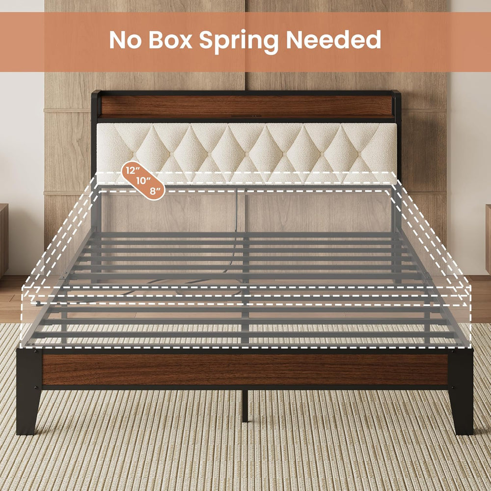 ANCTOR Queen Bed Frame with Headboard & Charging Station,Wood and Cream
