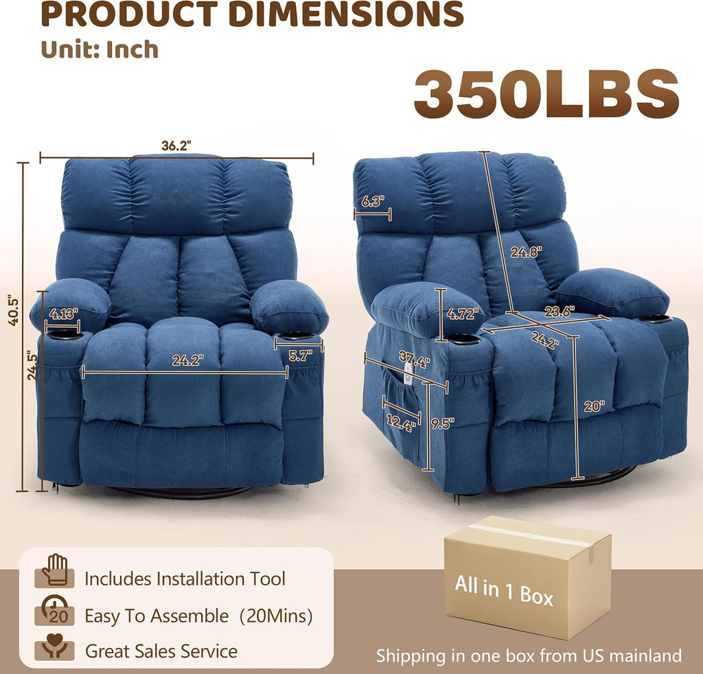 Oversized 360° Swivel Massage Rocker Recliner Chair, Massage & Heat, Blue | Vibration Massage, USB Charge Port, 4 Pockets 2 Cup Holders, Comfy Rocking Recliners for Living Room & Bedroom, Reading Chair