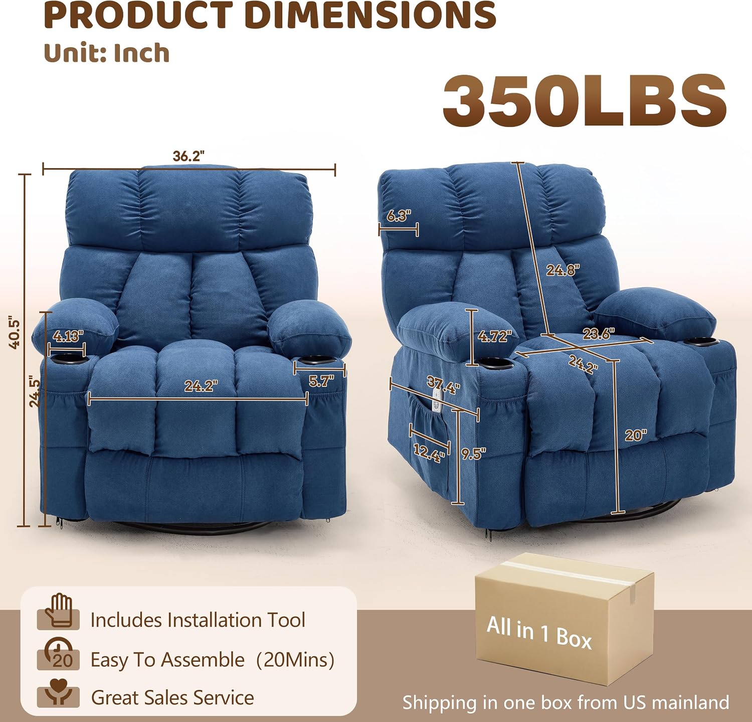 Oversized 360° Swivel Massage Rocker Recliner Chair, Massage & Heat, Blue | Vibration Massage, USB Charge Port, 4 Pockets 2 Cup Holders, Comfy Rocking Recliners for Living Room & Bedroom, Reading Chair