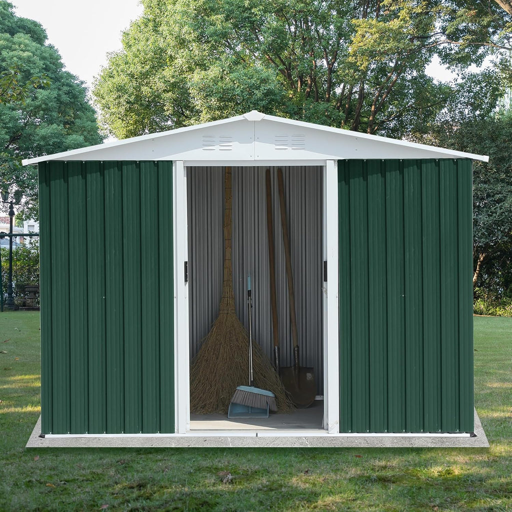 Ball & Cast 8x6 FT Outdoor Storage Shed, Garden Metal Sheds with Punched Vents and Sliding Door, Clearance Tool House with Aluminum Frames and Sloped Roof for Backyard Patio,Green