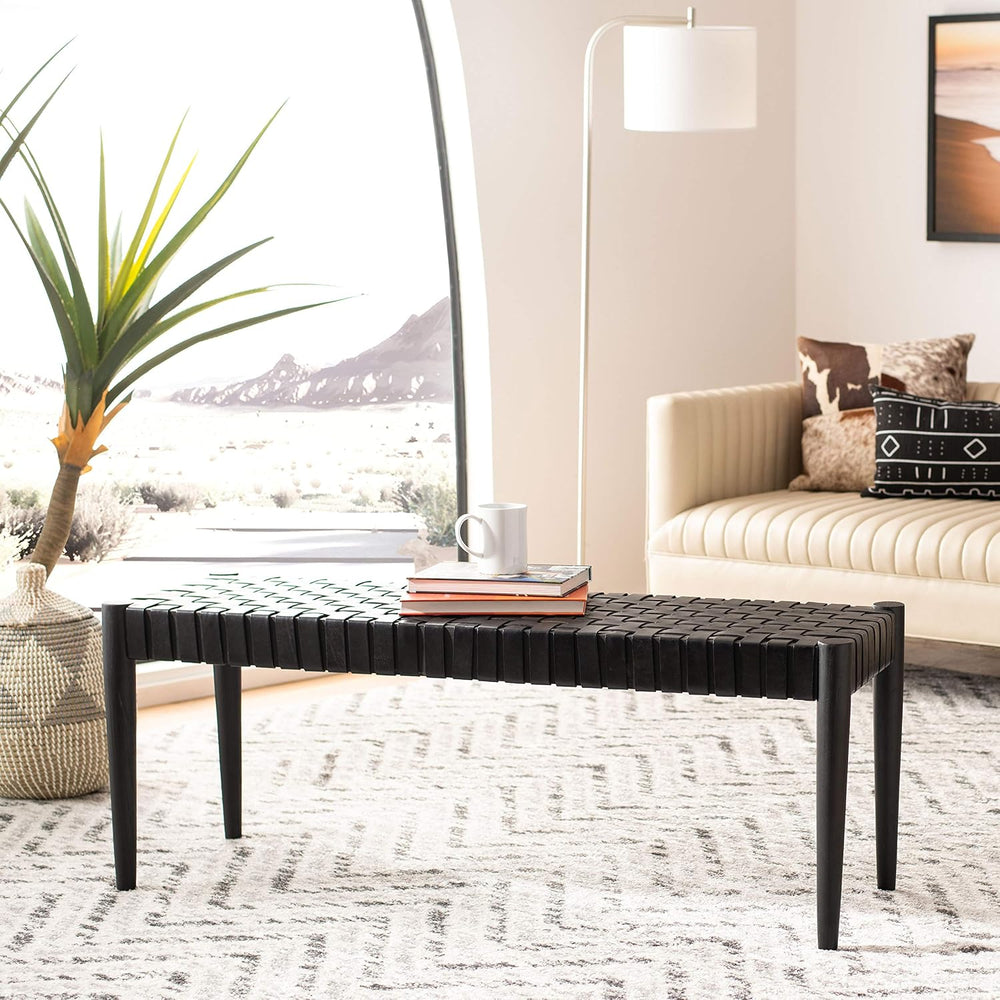 SAFAVIEH Amalia Bench 18”, Solid Wood & Leather Black BCH1001D