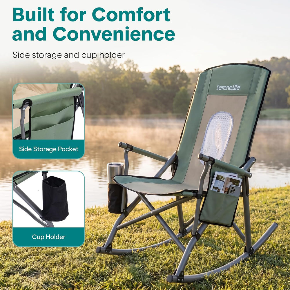 SereneLife High Back Folding Rocking Chair, Portable Camping Rocker with Cup ...