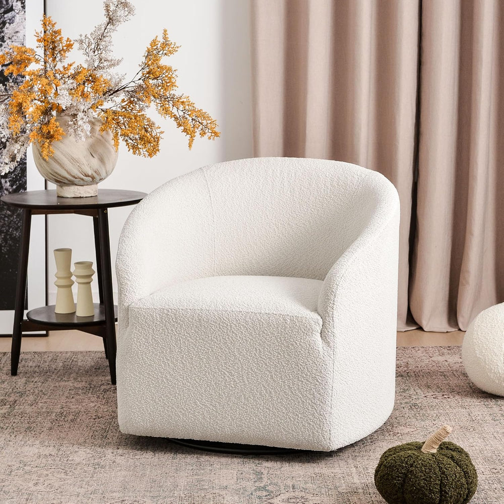 KINWELL 32" Wide No Assembly Boucle Swivel Barrel Chair, White