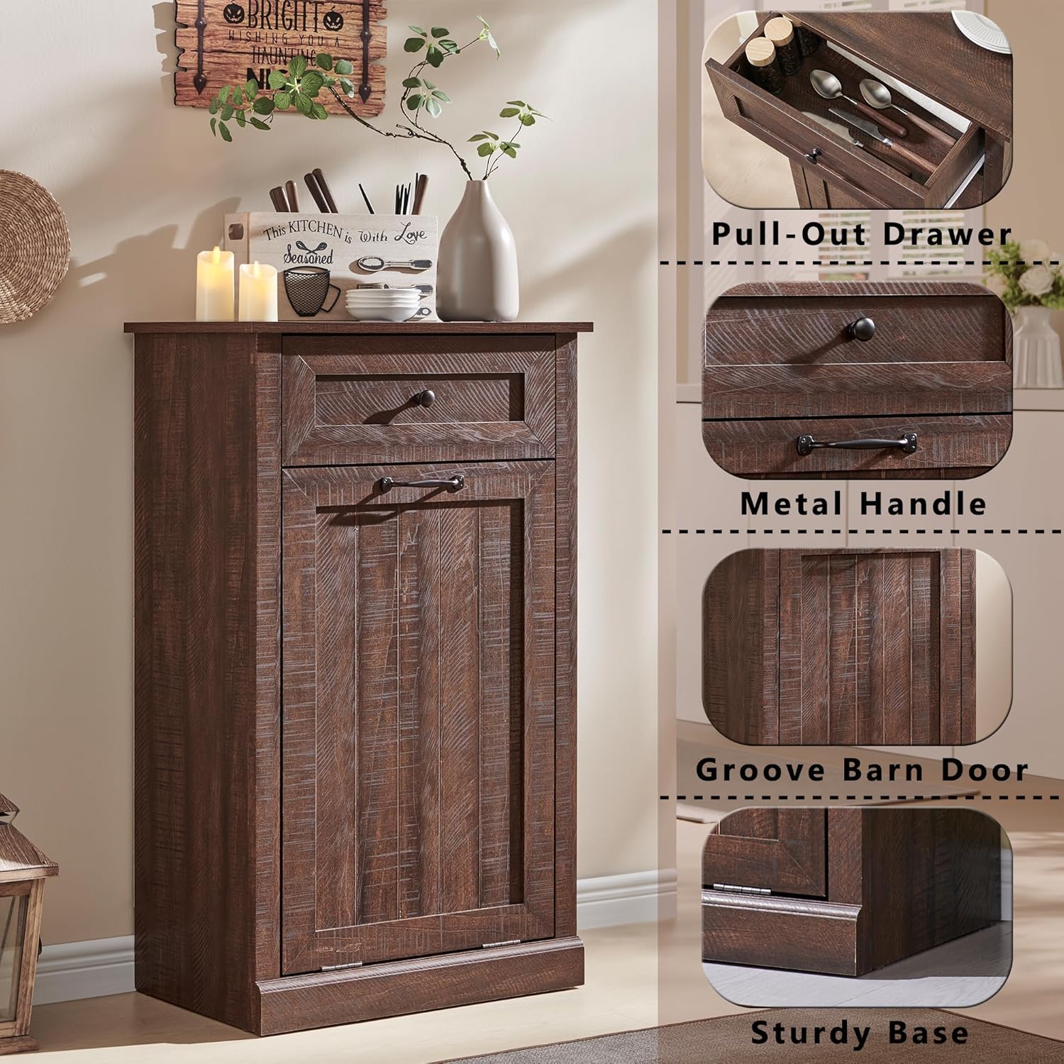 Tilt Out Trash Can Cabinet, 10 Gallon Farmhouse Laundry Hamper Cabinet with Drawer, Hidden Wooden Trash Garbage Can Bin with Storage Basket for Kitchen, Living Room (Brown)