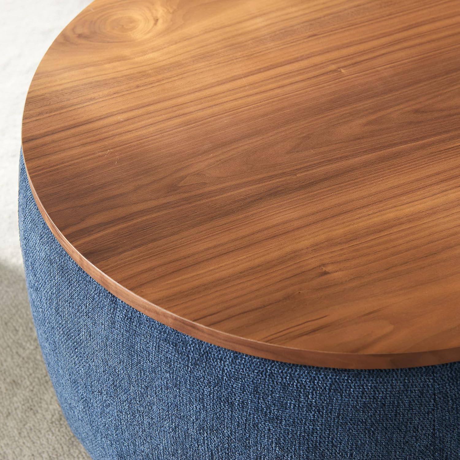 TTK Round Ottoman Coffee Table with Storage, 25.5" Large Circle Storage Ottoman with Tray, Modern Foot Stools Chenille Padded Bench Ottomans upholstered Coffee Tables for Living Room (Navy Blue)