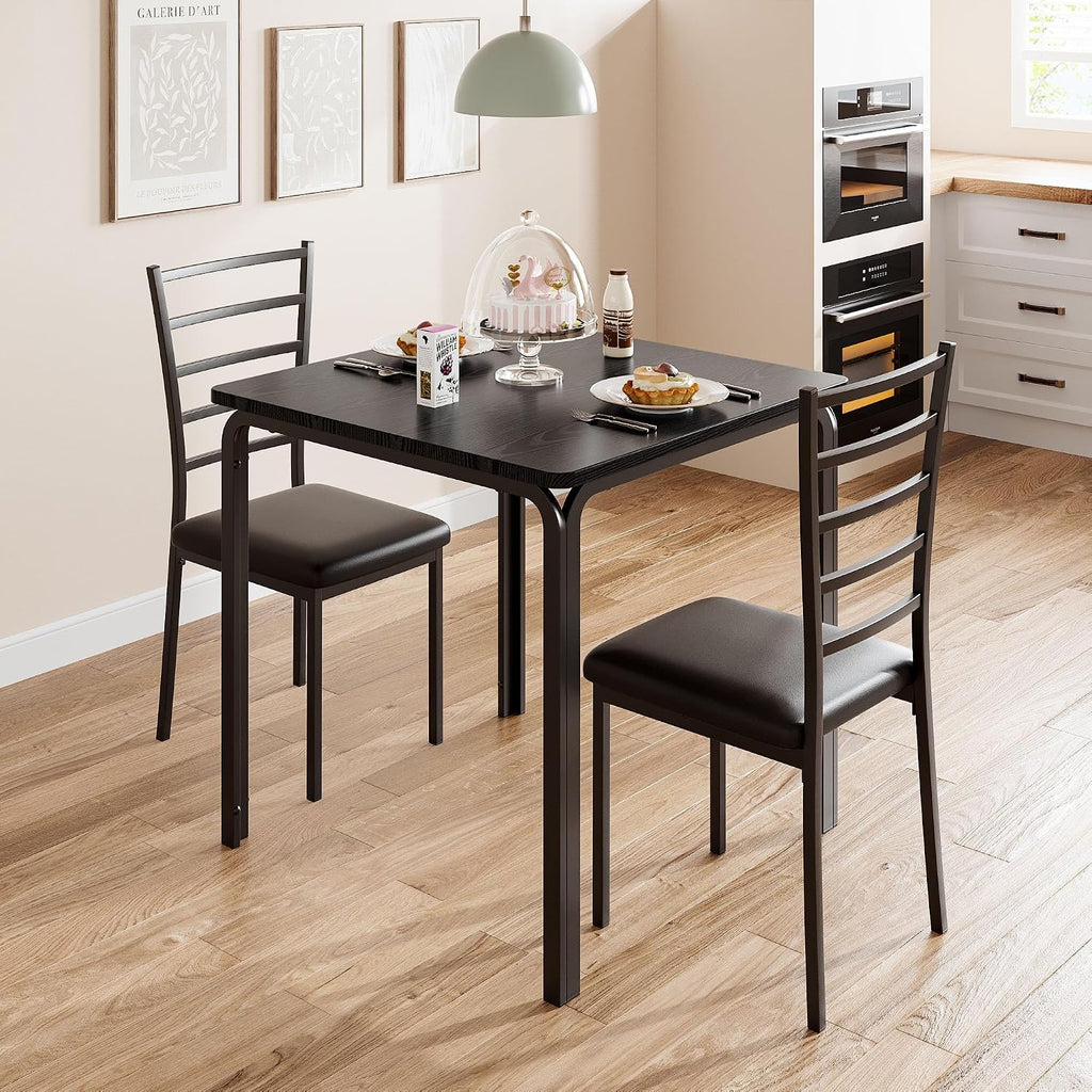 GarveeHome 3-Piece Kitchen Dining Room Table Chair Set for Small Space, Indoor Modern Dinette Set for 2, Square Dinner Table Set for Dinette (Black, Dining Table with 2 Chairs)