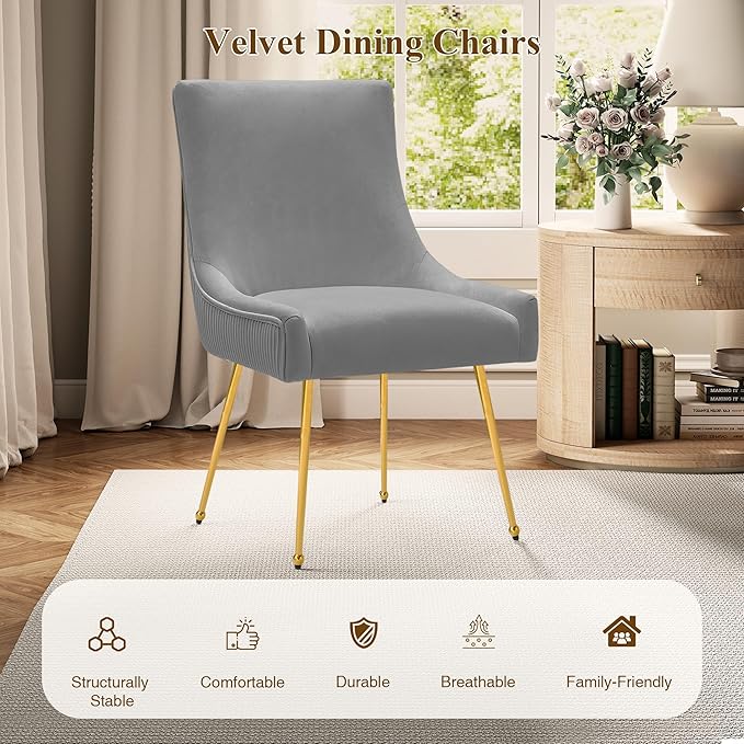 Velvet Dining Chairs Set of 2, Modern Upholstered Kitchen Chair with Pull Handle & Pleated Back, Mid Century Accent Chair with Gold Metal Legs for Vanity,Dining,Kitchen,Living Room, Grey