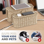 2-Pack Large Cable Management Box, Natural Rattan Cable Cord Organizer Boxes for Power Strip – 2 Open Slots Cords Hider Box for TV Wires, Computer, Router, USB Hub and Under Desk Power Strip