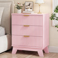 Fluted Nightstand, 24" Wide Side Table with 3 Large Storage Drawers, Mid Century Modern Wood Night Stand with Metal Handle, Wooden Bedside End Table for Bedroom, Living Room, Closet, Pink