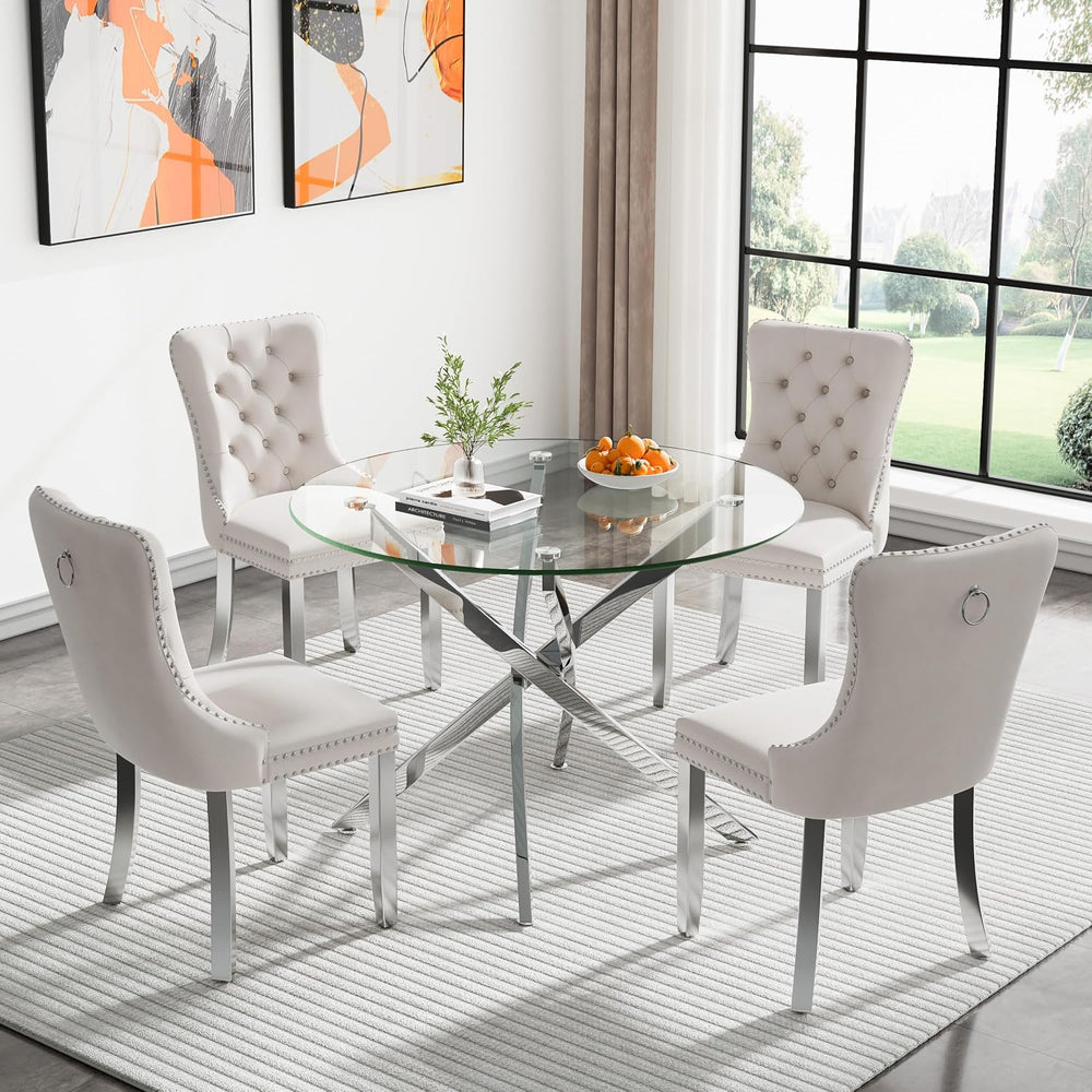 Glass Dining Table Set for 4, Modern 36" Round Kitchen Table with 4 Velv...