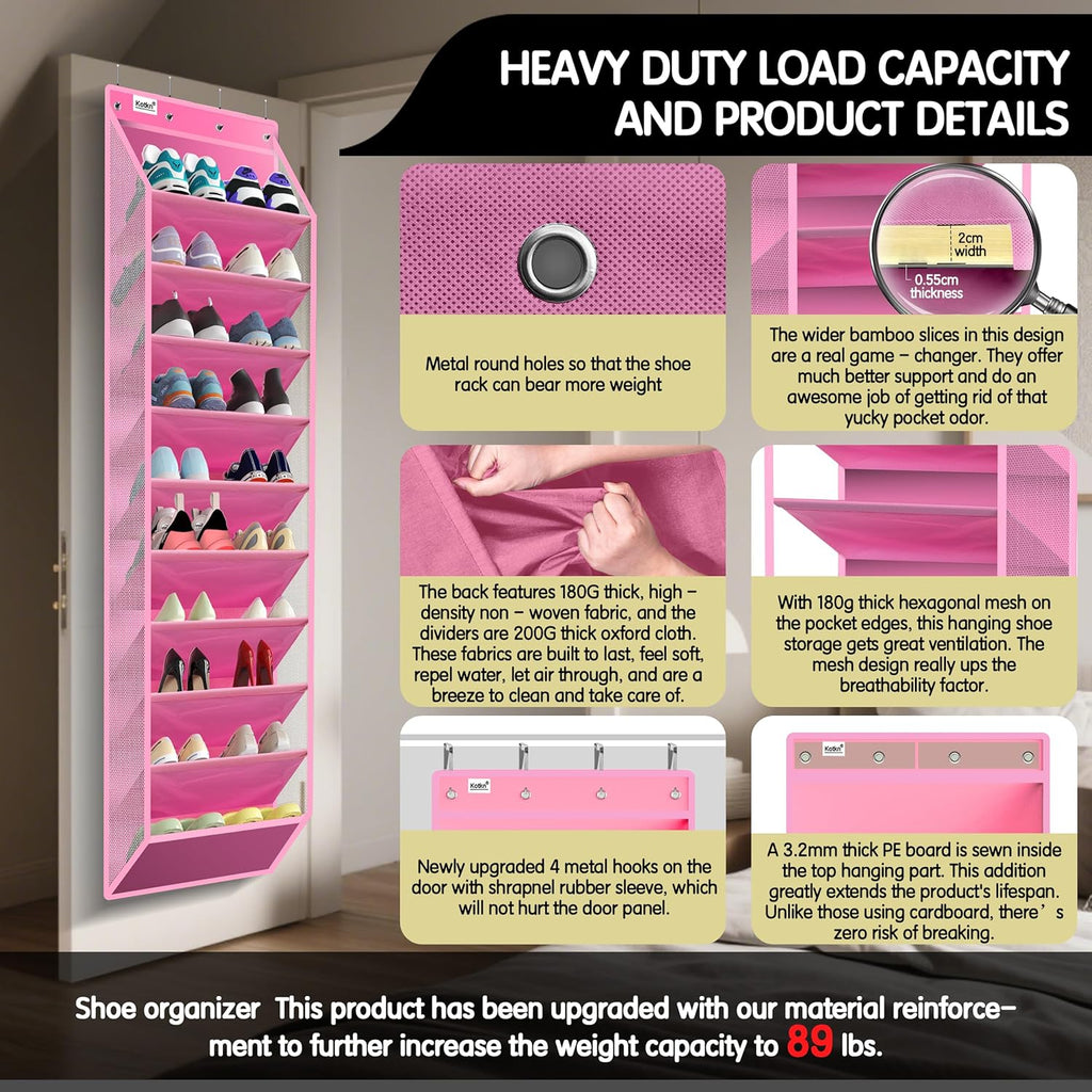 10 Tier Over The Door Organizer - Heavy Duty Hanging Storage Rack with Sturdy Oxford Fabric, Holds 20+ Pairs of Footwear, Boots & Sneakers, Saves 50% Closet Space! (Pink)