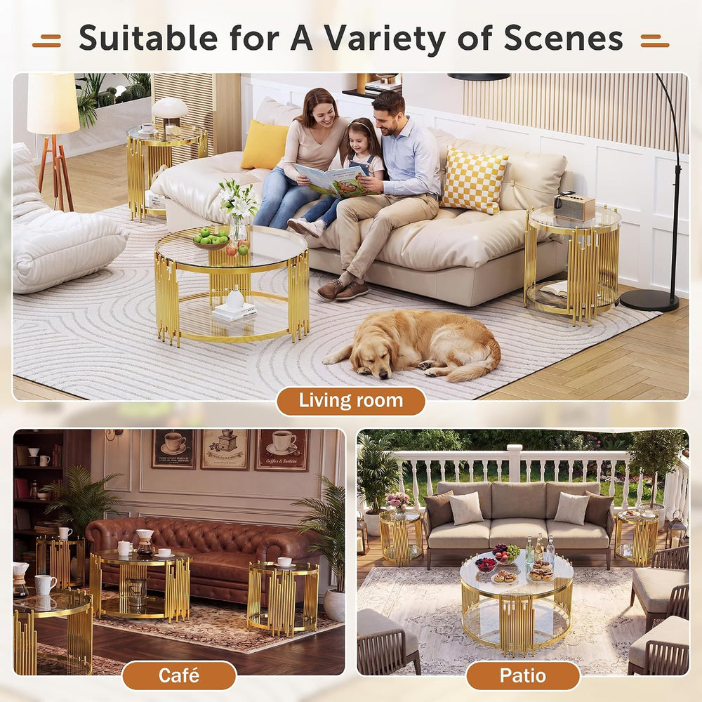 Luxury Gold Round Glass End Table Set of 2, 19.7" Modern Side Table with...
