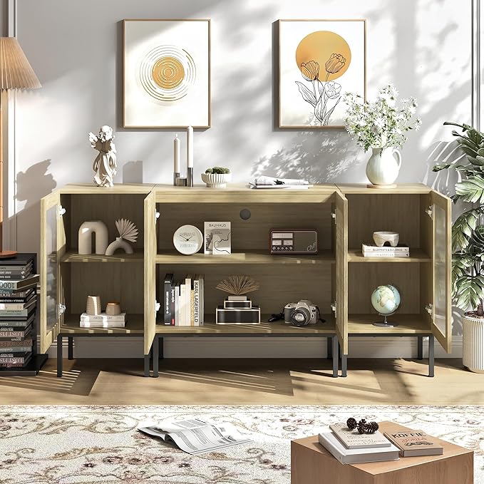 Modern TV Stand for TVs up to 70 Inch, Entertainment Center TV Console with Storage Cabinets and Glass Doors,Media Console for Living Room,Oak