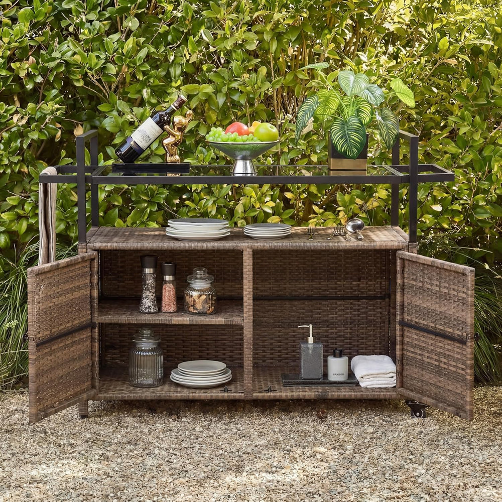 51.2" Wicker Outdoor Bar Cart - Brown Patio Console Storage Table Buffet...