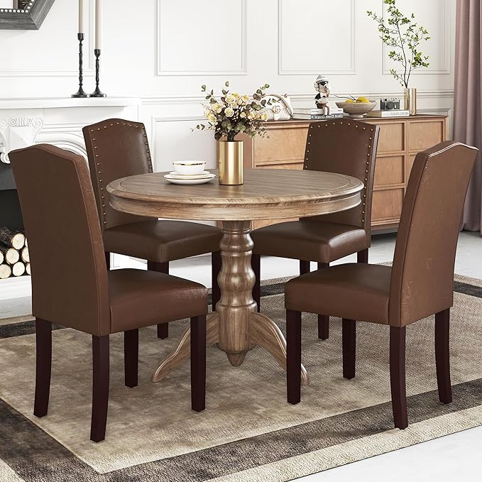 LSSBOUGHT PU Dining Chair Upholstered Parsons Kitchen Chair with Copper Nails and Solid Wood Legs for Dining Room,Restaurant (Brown, 4PCS)