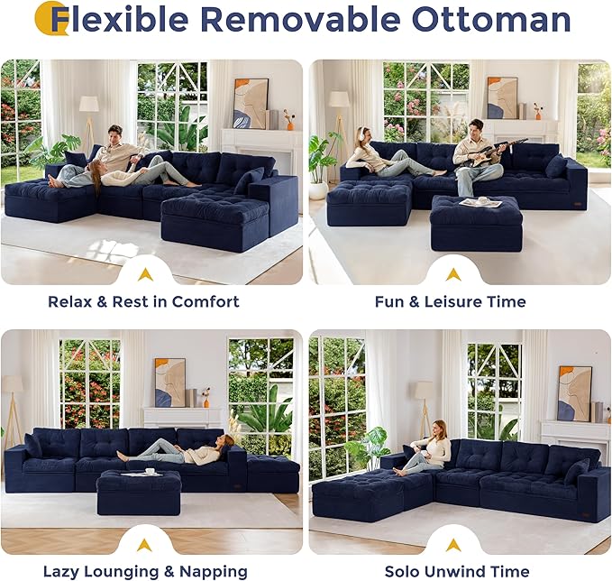 MAXYOYO 132" U Shaped Modular Sectional Sofa with 2 Ottomans, Cloud Boneless Couch with Layered Cushion, Flexible Module Combination Sofa for Living Room, No Assembly Required, Navy