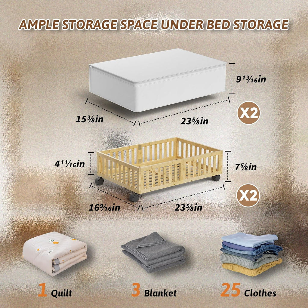Bamboo Under Bed Storage Containers with Wheels, 2 Pack Under the Bed Shoe Storage Bins, Wood Rolling Underbed Drawers with Bag Organizer for Bedroom, Sheets Clothes Blanket Comforter, Under Crib Toy