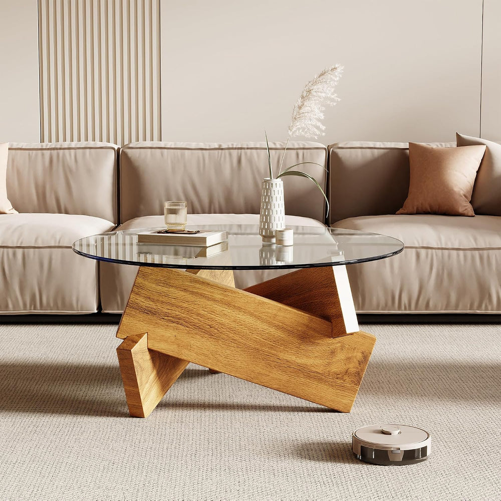 Honyee Modern Round Coffee Table, 30.7" x 30.7" x 16.1" Temper...