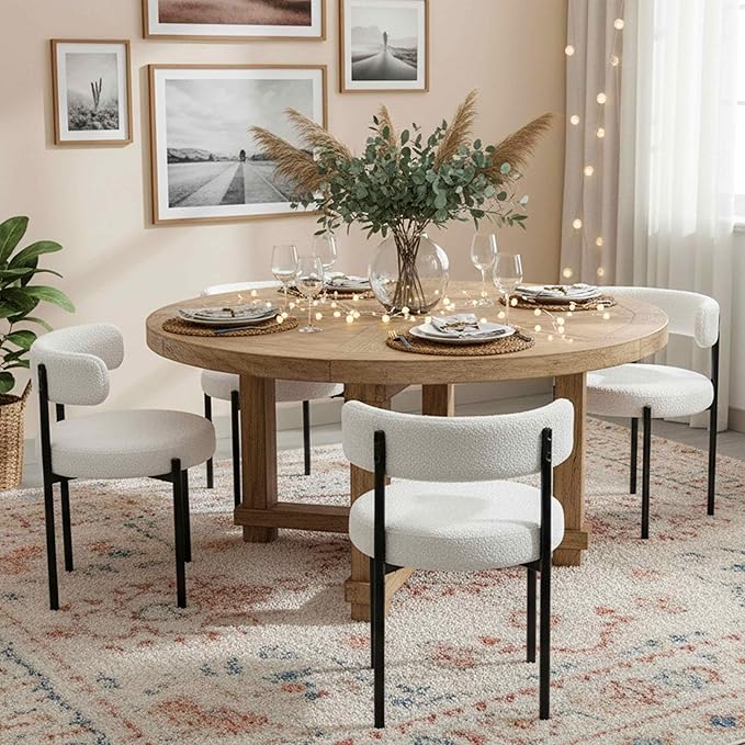Boucle Dining Chairs Set of 4, White Dining Chairs with Upholstered Seat and Round Back, Mid-Century Modern Kitchen Chairs for Dining Room, Restaurant