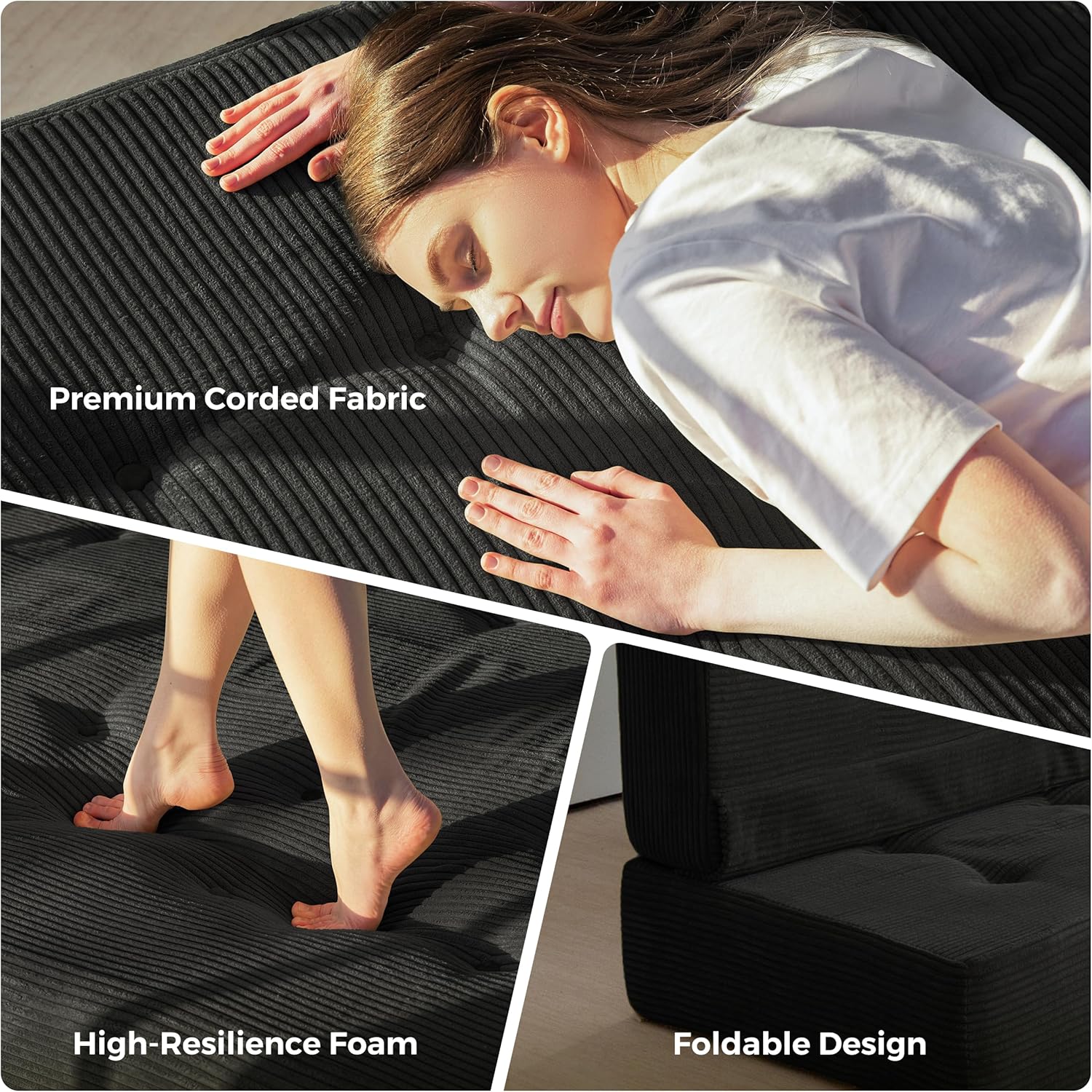 MAXYOYO 8" Thick Folding Mattress with Handles, Tufted Floor Sofa Bed (Frame Not Included), Foldable Couch Bed Versatile Floor Mattress for Sleeping, Living Room & Guest Room, Black