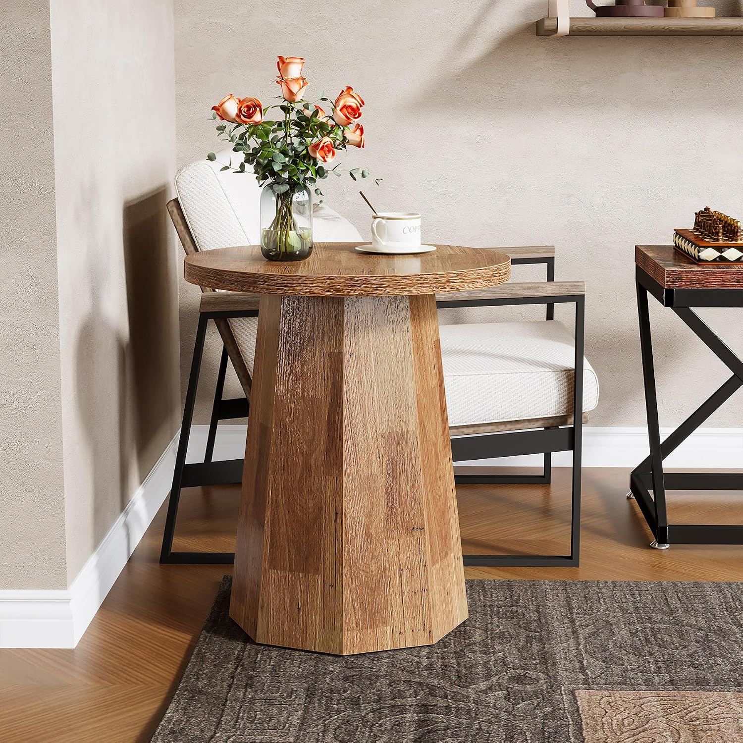 Tribesigns Round Pedestal End Table, Farmhouse Couch Side Table with Octagonal Base, Wooden Drink Stand Accent Nightstand(1, Walnut)
