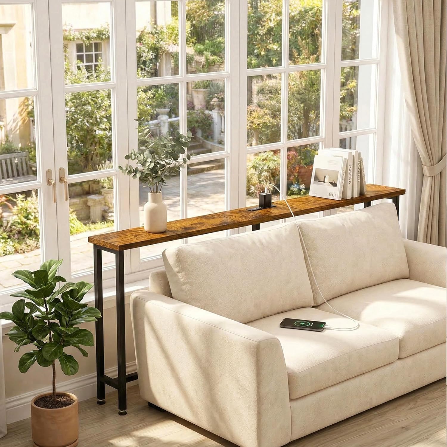 70" Narrow Sofa Table with Outlet (2 AC Outlets & 2 USB Ports), Behind Couch Table with Charging Station, Long Skinny Console Table for Living Room, Entryway and Hallway (Rustic Brown)