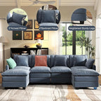 107" Cloud Couch Sectional, U Shaped Modular Sectional Sofa, 4-Seat Deep Seat Couch with 6 Removable Washable Pillows and 2 Ottoman for Living Room, Bedroom, Apartment, Blue