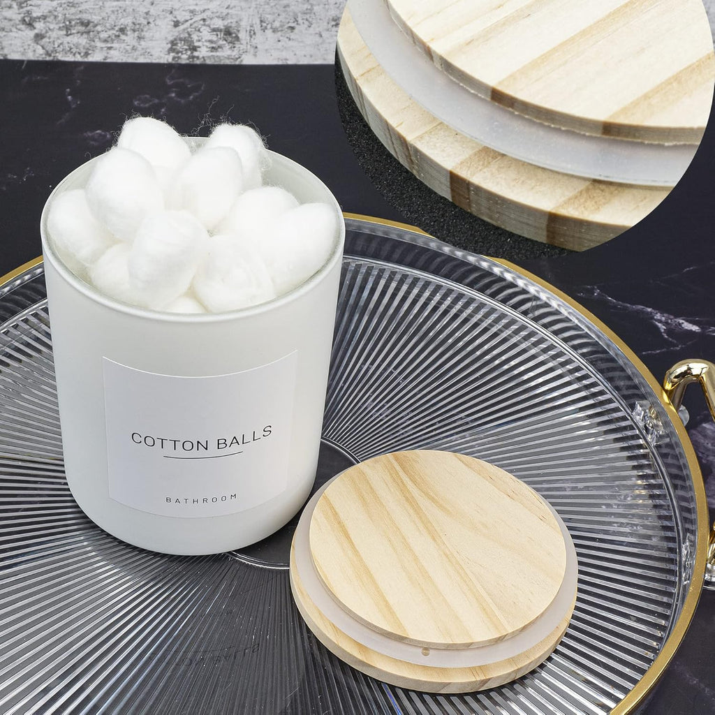 3PCS Farmhouse 13.53oz White Bathroom Canisters with 12 Labels & Wooden Lid Thick Glass Jar Set Qtip Holder for Cotton Ball & Pads Storage Organization Minimalist Decor