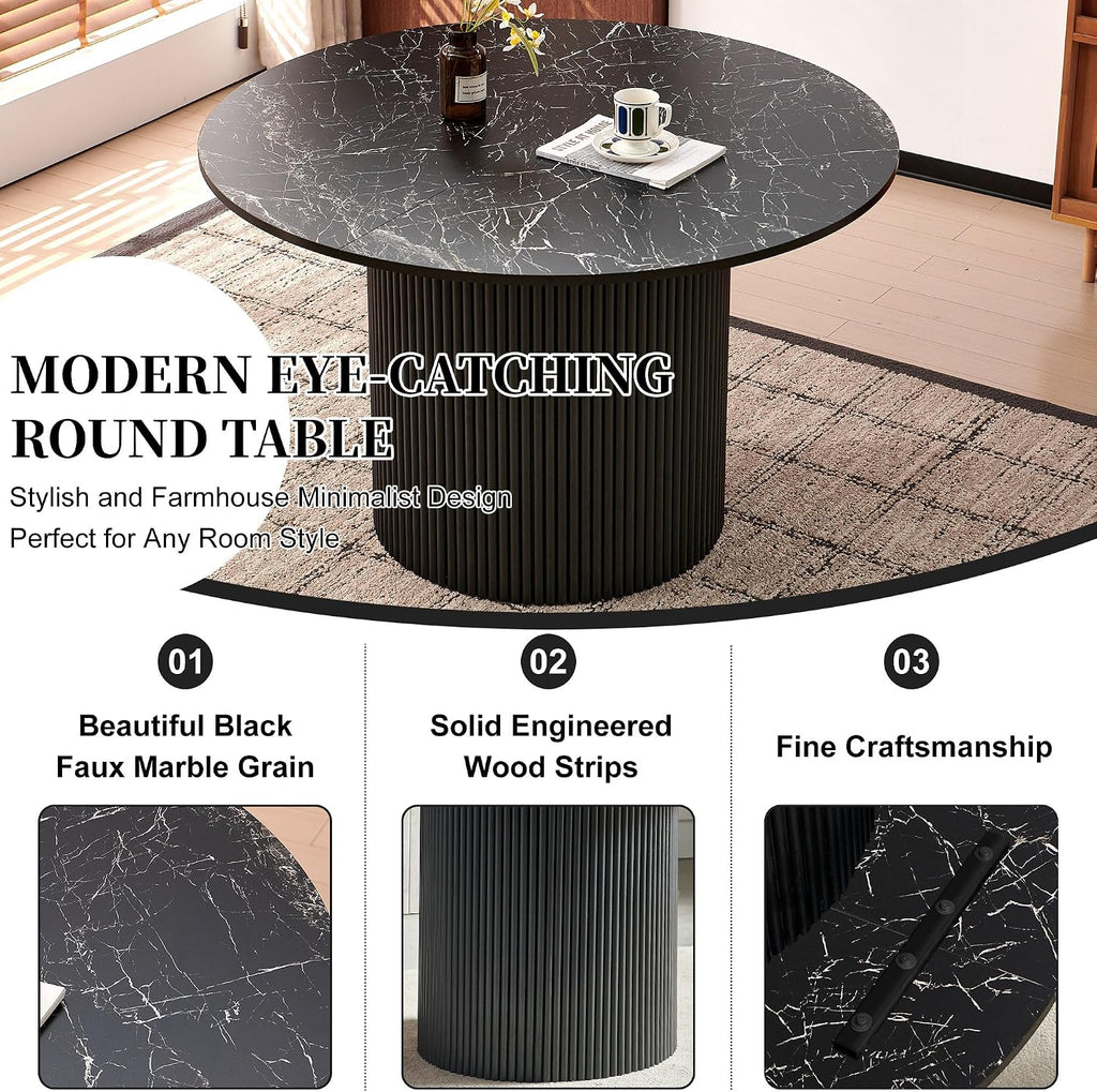 Homedot Kitchen&Dining Room Table Set for 4, Black Wooden Dining Table Round and Upholstered Kitchen Side Living Room Chairs Set, Rustic Dining Set with Grey Velvet Chairs for Apartment Dining Hall