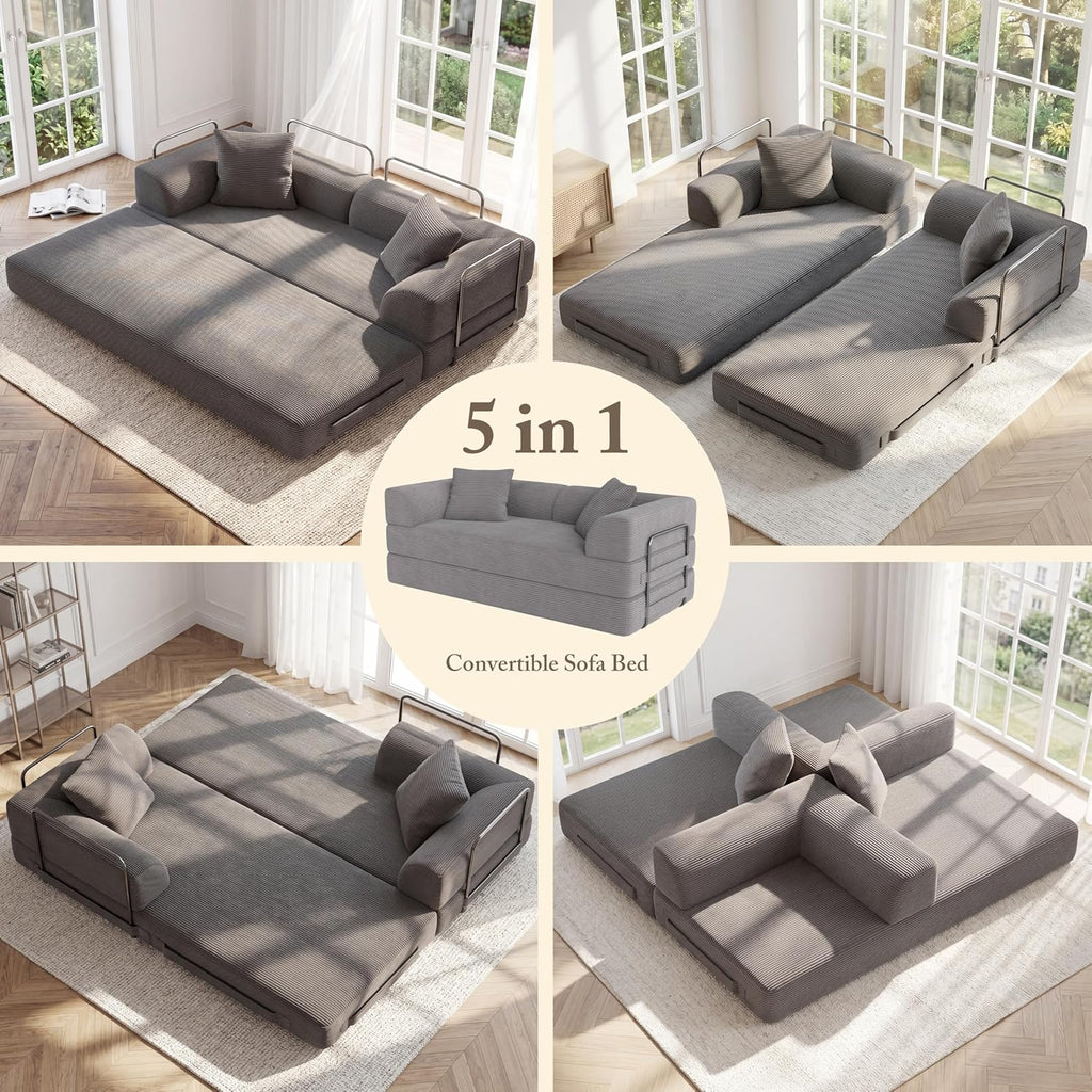 Cloud Boneless Couch Futon Sofa Bed, 5-in-1 Convertible Sofa Bed Pull Out Couch Sleeper Sofa Compressed Loveseat, 70" High-Density Sponge & Corduroy Fabric Futon Daybed for Living Room Bedroom (Gray) | 5-in-1 Convertible