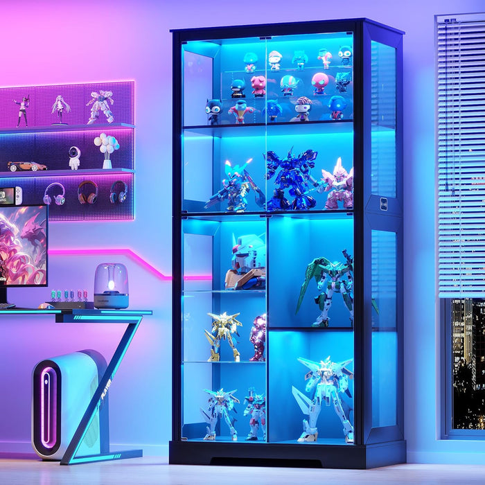 Gurexl Modern Glass Display Cabinet with Human Body Sensor, 7-Tier Curio Cabinet with Glass Doors & 3 Color Lights, Tall Display Case for Collectibles, Living Room, Black