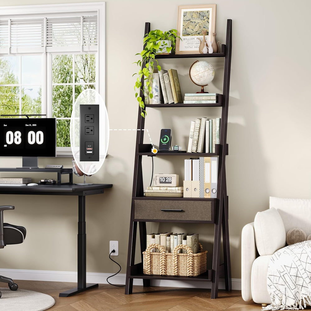 DynJest 5-Tier Bookshelf with Drawer, 70" Tall Ladder Shelf with Power O...