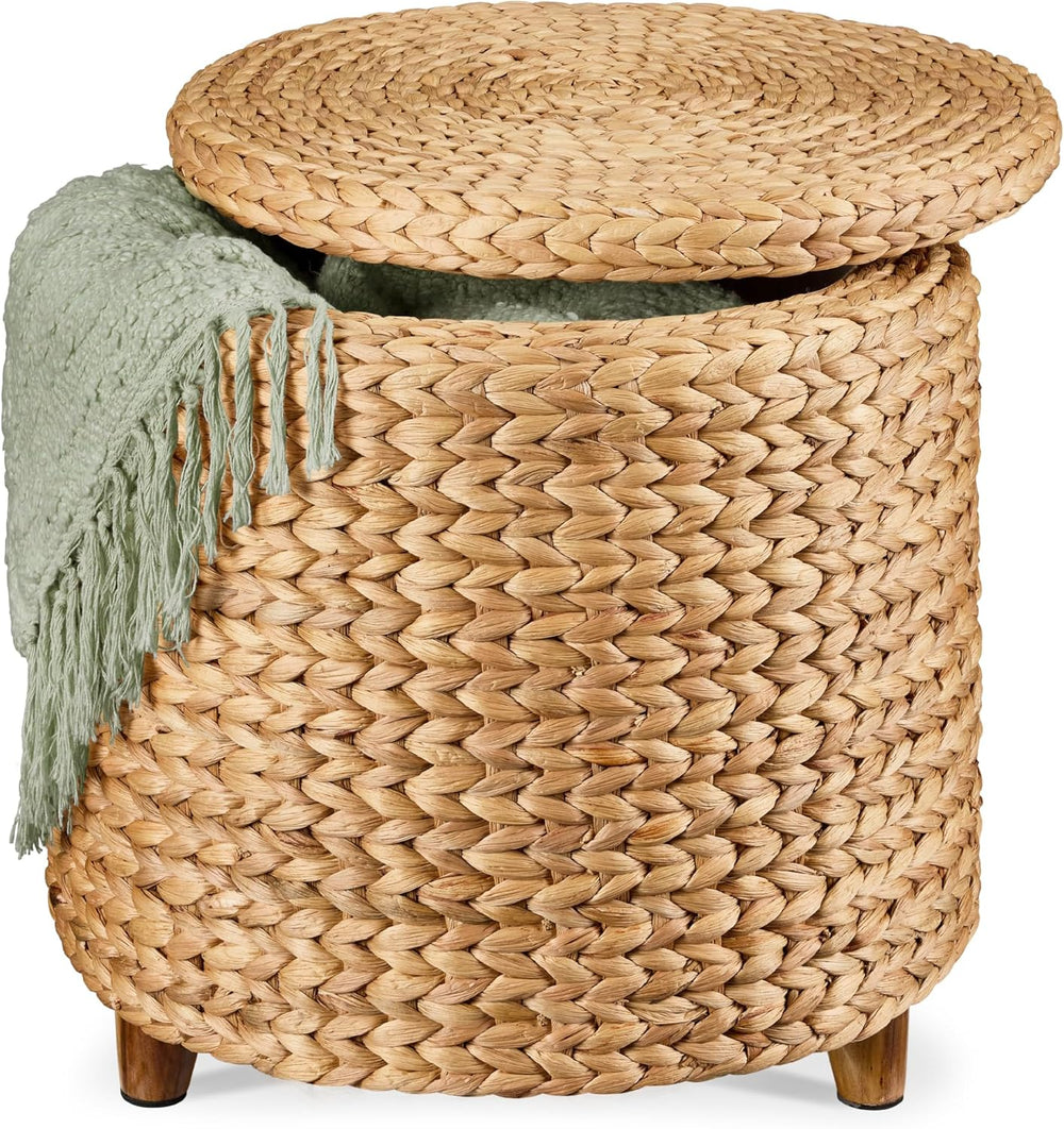 Best Choice Products 17" Round Storage Ottoman W/Lid, Handwoven Water Hy...