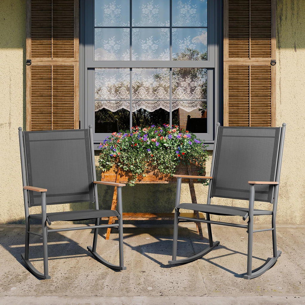 JY QAQA Outdoor Rocking Chair Set of 2, High Back All-Weather Patio Rocking Chairs with Breathable Back Rest for Adult, Ergonomic Design Porch Rocking Chairs for Porch, Garden, Balcony, Pool, Black