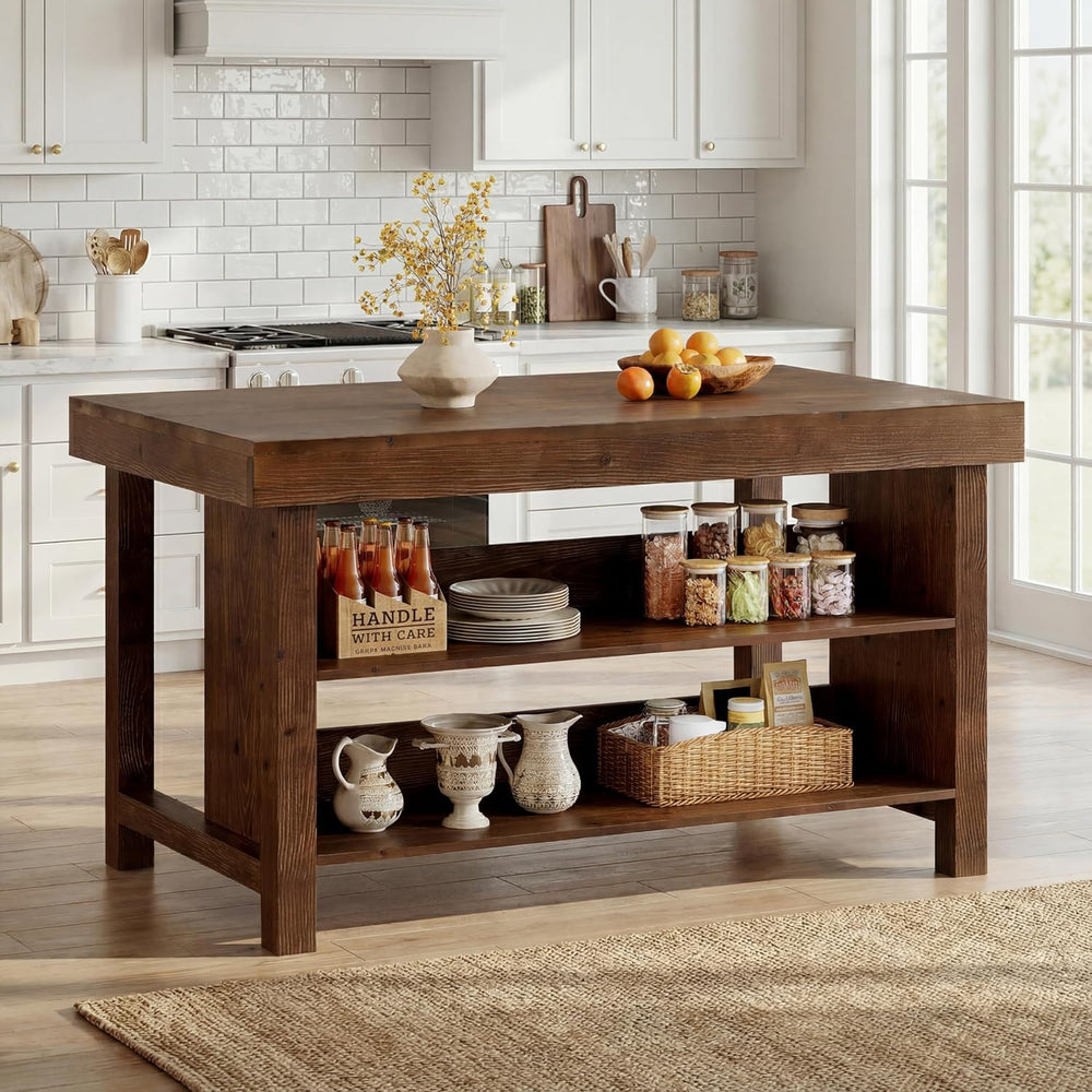 55" Solid Wood Kitchen Island with Storage, Farmhouse Kitchen Island Tab...