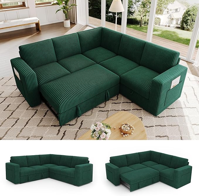 83.5" Sectional Sleeper Sofa with Pull Out Couch, Modern 5 Seat L Shaped Modular Couch,Green Sectionals Modular Sofa with Storage, Comfy Corduroy Couches Sectional for Living Room & Apartment