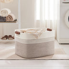 100L Extra Large Laundry Basket with Leather Handles for Living Room Storage, Woven Rope Baskets for Blanket, Kids Toy, Gifts, Wicker Hamper for Bedroom Dirty Clothes, 24"x16"x16" White Brown