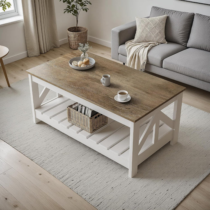 YESHOMY Farmhouse Coffee Table with Storage, Gray & White